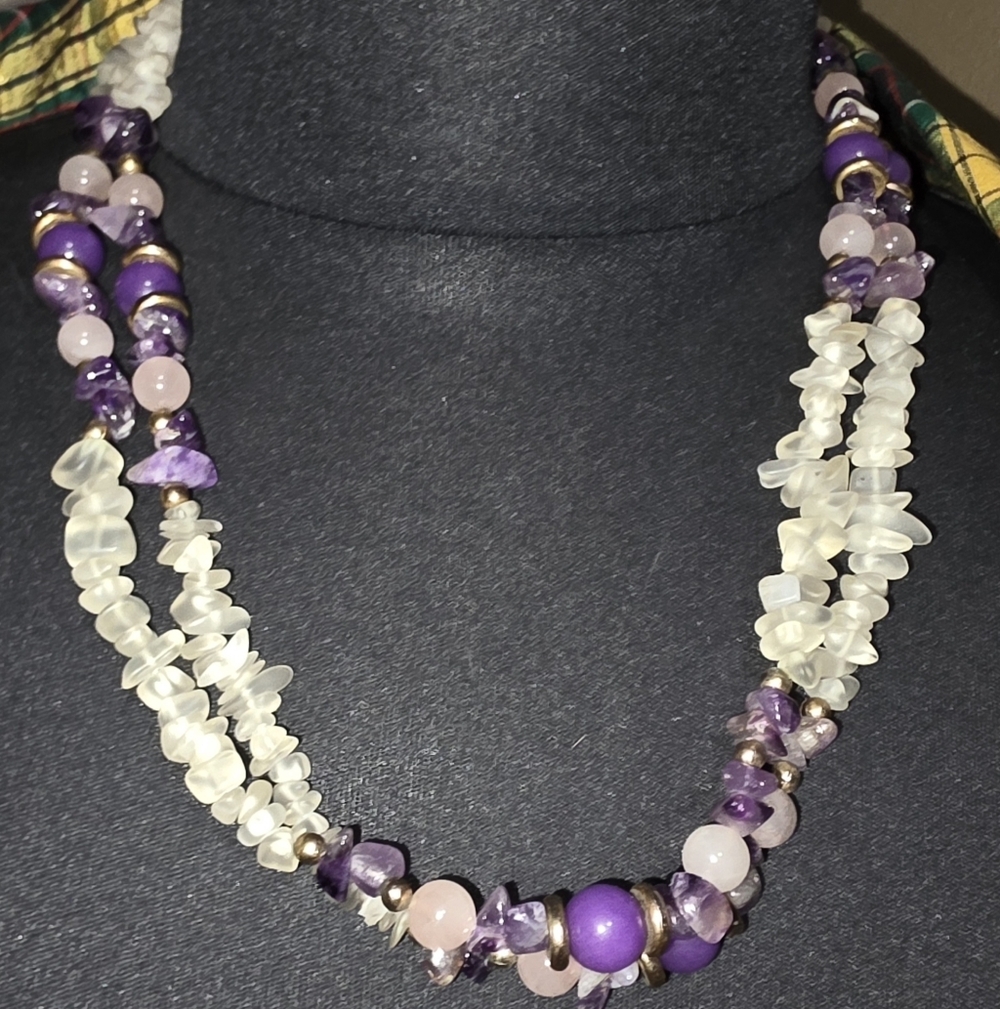 VINTAGE 21" AMETHYST PURPLE NECKLACE GLASS CHUNKY BEADED NATURAL STONES GORGEOUS